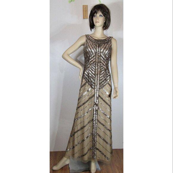 Adrianna Papell Linear Beaded Gown, Antique Copper, Womens Size 2 - Picture 2 of 6